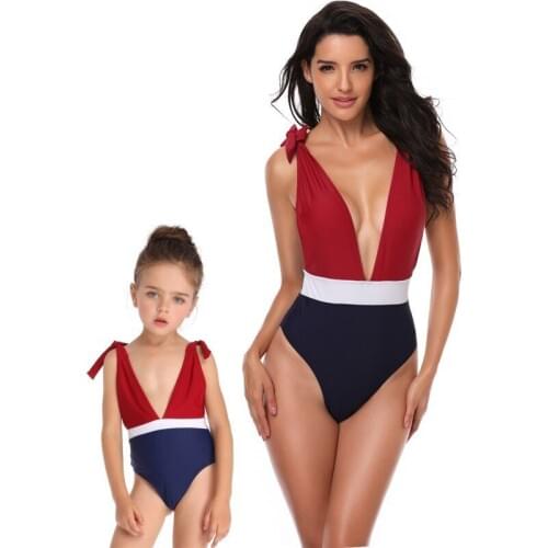 Matching Swimwear Deep V Swimming Suit Spelling Color One-piece Lady Bikini Parenting Swimsuit Mom And Daughter Matching Clothes