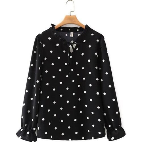 Plus Size XL-4XL Long Sleeved Polka Dot Printed Tops Womens OL Elegant Blouse Vintage A-line Blusas