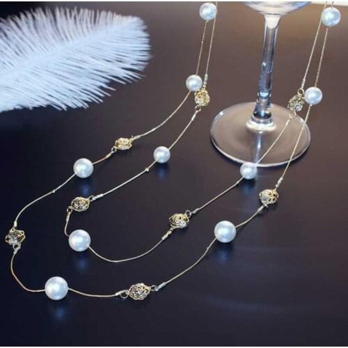 Luxury Camellia Crystal Sweater Chain Long Necklace Fall Winter Rose Flower Pearl Necklace For Woman