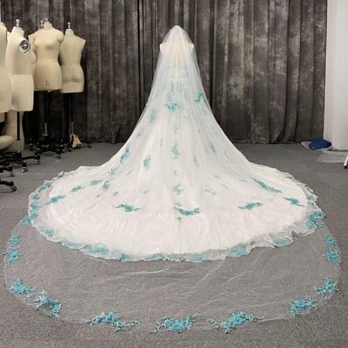 Luxury Celtic Wedding Dress White and Turquoise Detachable Bridal Gowns In Stock with 3 Layers Long Veil