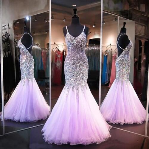 Lilac Beaded Mermaid Prom Dress Sweetheart Neckline Open Back Bling Bling Spaghetti Straps Formal Evening Gown Sheer Tulle 2020
