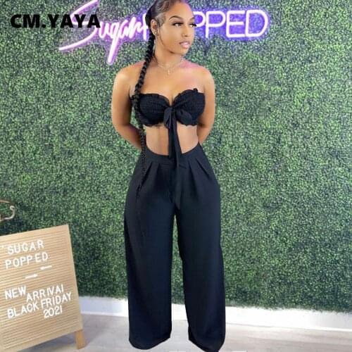 CM.YAYA Women Set Solid Sleeveless Strapless Shirring Bandage Crop Tops Wide Leg Pants Two 2 Piece Sets Tracksuit Summer Outfits