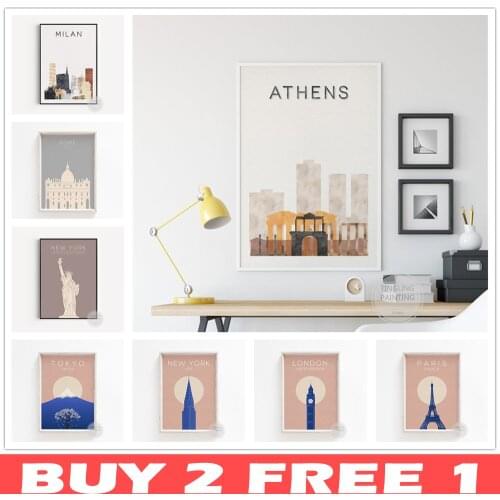 Statue of Liberty Clock Tower Eiffel Tower Mount Fuji Japan Athens Milan City Travel Poster Canvas Painting Simple Home Decor