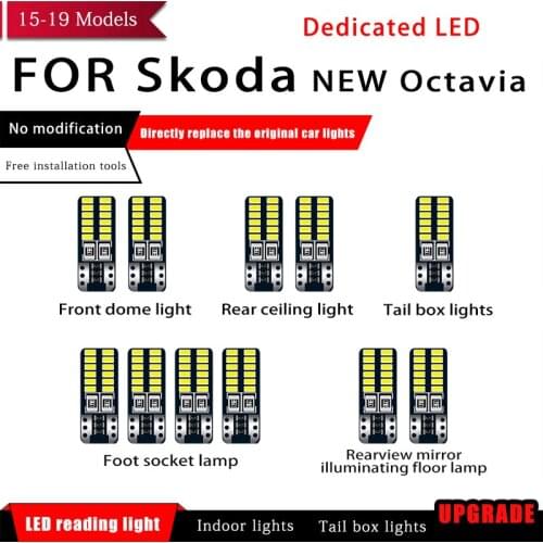 11 Pcs/set Car White Interior Reading LED Light Bulbs Package 12V For Skoda New Octavia 2015-2019 Map Dome License Light Styling