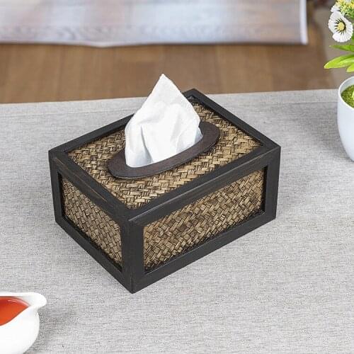Thailand creative bamboo woven desktop tissue box retro living room household solid wood car with rattan car with drawers