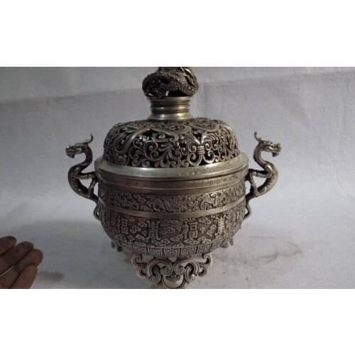Tibetan Buddhism bronze silver lucky foo dog Dragon 3 Leg censer incense burner