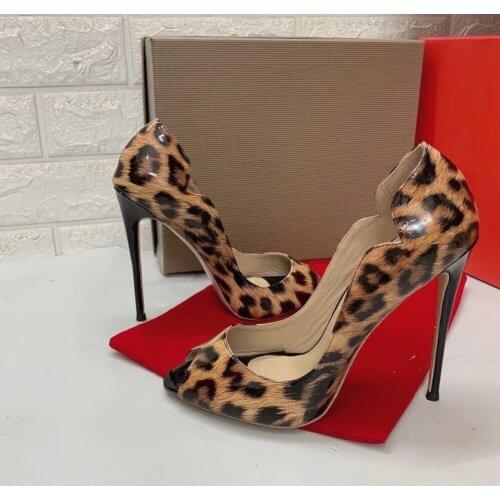 Sexy lady fashion women Pumps leopard Patent leather peep toe stiletto stripper High heels shoes large size 44