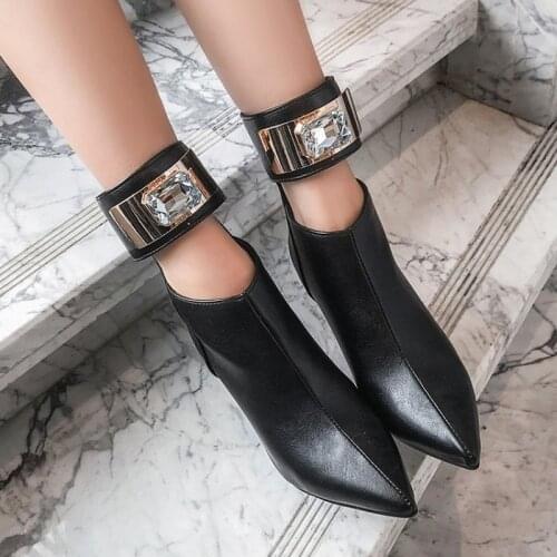 US4-11 Women Pointed Toe Diamond Ankle Boots Snake Pattern Ankle Belt Buckle Metal Sheet Stilettos High Heel Shoes Black C894