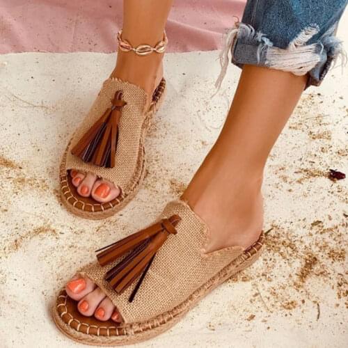 Women Leopard Tassel Slipper 2020 Womens Fashion Flat Ladies Sewing Flock Slide Female Comfort Open Toe Beach Shoe Plus Size 43