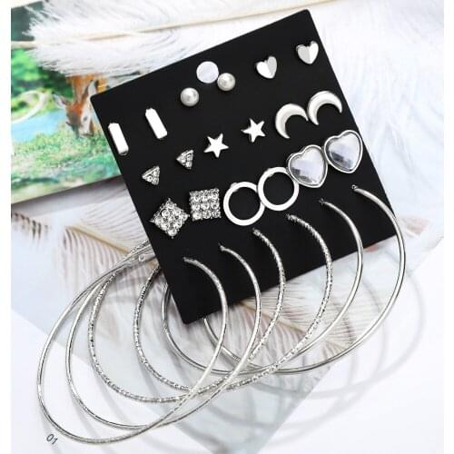 12 Pairs Crystal Stud Earrings for Women Boho Boucle D'oreille Jewelry Cubic Zirconia Gold Silver Big Circle Heart Brincos