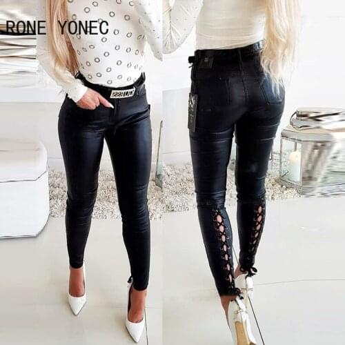 Women Chic Solid Casual PU leather Lace up Hollow out Skinny Pencil Pants