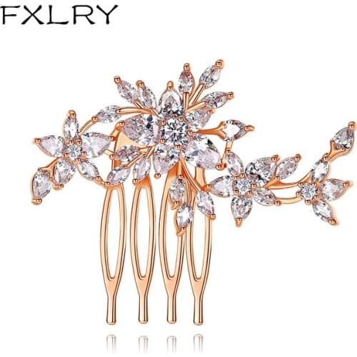 FXLRY Elegant White Color CZ Stone Hairwear Flower Hair Accessories Fashion Jewelry Hair Combs for Women Bridal Wedding Gifts