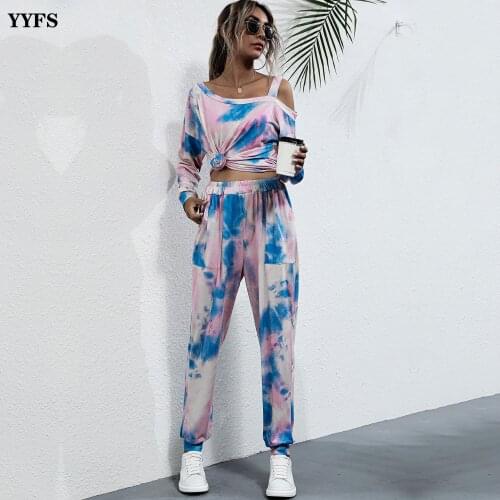 Ladies Two-Piece Suit 2020 Autumn New Tie-Dye Printing Two Piece Set Women Sexy Fashion Strapless T-Shirt And Pants Womens Suit