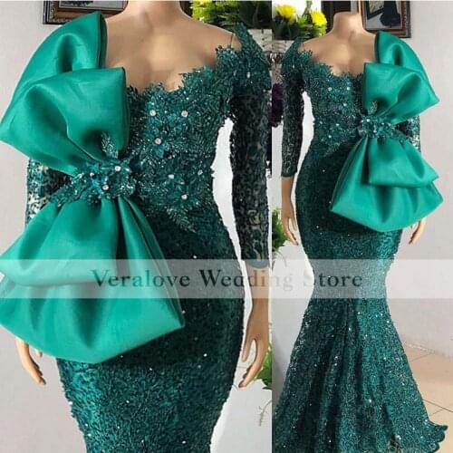Vestidos formale Green Lace Evening Dresses Woman Party Lace African Mermaid Prom Dress Long Sleeves Arabic Party Gowns