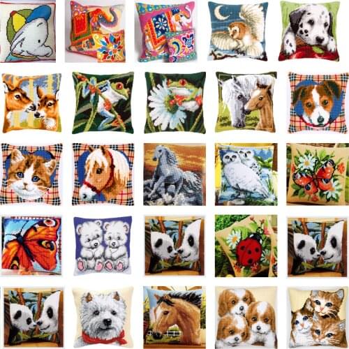 Animals Unfinished Acrylic Yarn Embroidery Pillow Poppy flowers Tapestry Canvas Cushion Front Cross Stitch Pillowcase