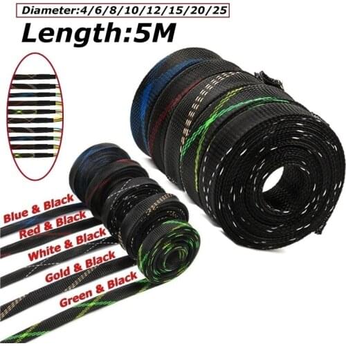 5M Tight PET Expandable Cable Sleeves Wire Gland Cables Protection :4/6/8/10/12/15/20/25mm Insulation Braided Sleeving