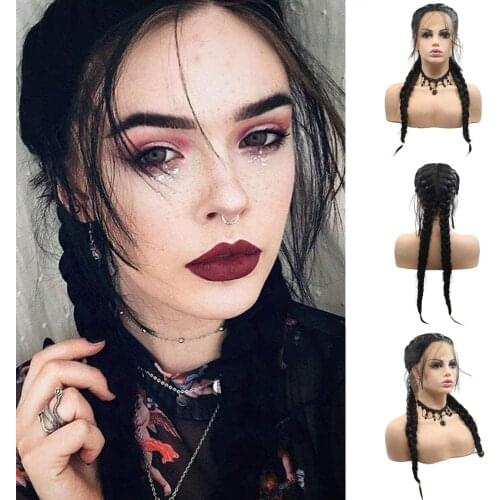 Long Black Double Braided Wigs Handmade Twist Hair Pre Plucked Natural Hairline Synthetic Braids Lace Front Wig with Baby Hair