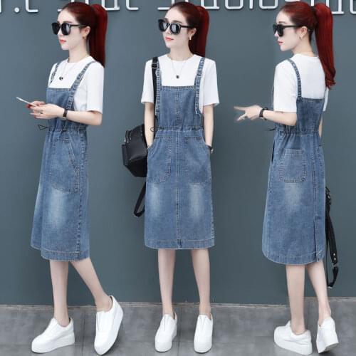 Denim Suspender Skirt Womens Waist Mid-length Summer New Style Korean Loose and Thin Wild Dress Vintage Dress