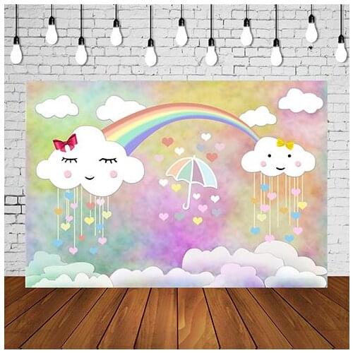 Photography Backdrop Baby Girl Sweet White Cloud Rainbow Umbrella Pastel Birthday Party Banner Photo Studio Background Decors