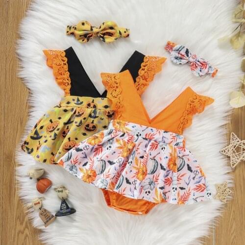 Summer Baby Girl Rompers Newborn Baby Clothes Toddler Pumpkin Printed Lace Sleeveless Romper Jumpsuit With Headband