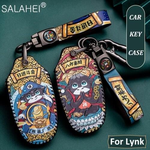 Leather Car Key Case Cover For Geely LYNK&CO 01 02 03 05 2017 2018 Auto Smart Remote Key Shell Accessories Protector Car styling