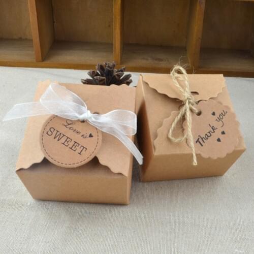 10pcs Vintage Retro Mini Kraft Paper Carton Box Wedding Gift Favor Boxes Party Dragee Candy Box Packaging with Ribbon and Tag