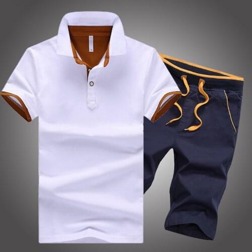 Fashion Color Matching Mens Sports Set 2021 Summer Short-sleeve Lapel POLO Shirts+Beach Shorts Suit Men Casual Male Tracksuit