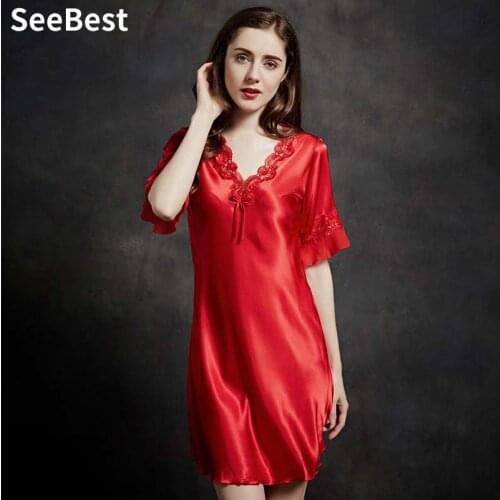 SeeBest Nightgowns Female Summer Silk Thin Imitated Silk Fabric Sleepwear Sexy Viscose Lace Short Sleeve Large Size Tracksuit
