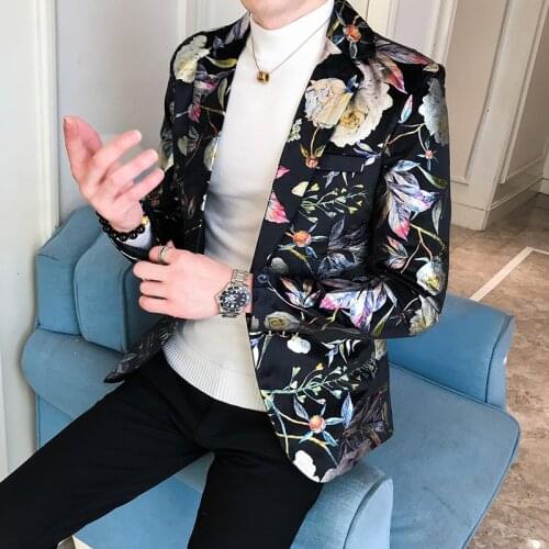 New Mens Floral Short Blazers Jacket Slim Fit One Button Hairstylist Jacket Casual Coat Mens Blazer X33