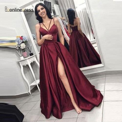 Party-Gown Burgundy Long Prom Dress Spaghetti Strap A-Line Party Dress Floor Length Split Formal Gown Prom Dresses vestidos