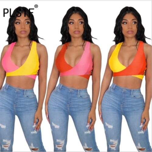 Simple Pure Color Deep V Neck Sleeveless T Shirt Sexy Tight Club Party Lady Fashion Women T Shirt