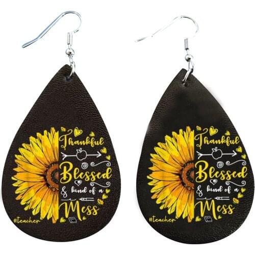 Earrings Thankful Blessed And Kind Of A Mess Teacher Sunflower Mousepad Leather Teardrop Earrings