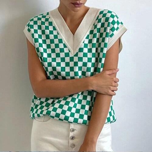 Plaid Sweaters Women Y2K Knitted Sweater Vest Autumn V Neck Sleeveless Jumper Casual Patchwork Tops Loose Vintage Streetwear