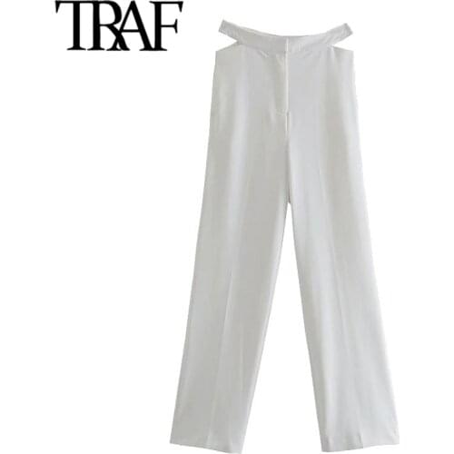 TRAF Women Chic Fashion Side Pockets Hollow Out White Pants Vintage High Waist Zipper Fly Female Trousers Mujer