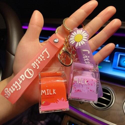 Creative Transparent Leather Rope Keyring Colorful Liquid Floating Milk Bottle Key Chain Cute Backpack Car Key Pendant Gifts