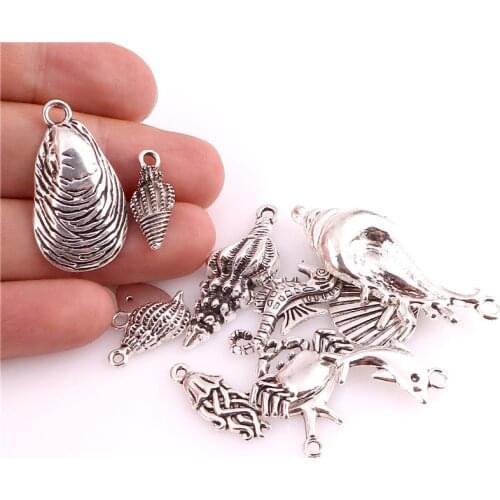 12pcs Tibetan Silver Sea Marine Animal Shell Charms Conch Jellyfish Pendant Bracelet Necklace Jewelry Accessories
