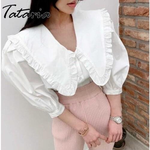 High Quality Chic Lapel Collar Womens Blouses 2021 Autumn Shirt Top Vintage Leten Puff Sleeve Button Up Loose Shirts Ladies