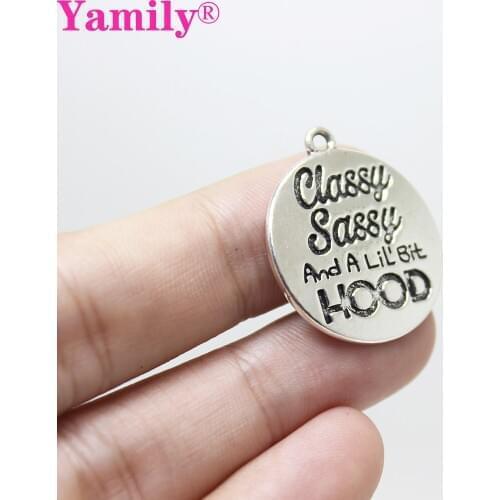 Yamily 10pcs/ 22mm Antique tibetan Silver Plated letter printed classy sassy Hood Charms Pendants For DIY Jewelry accessories