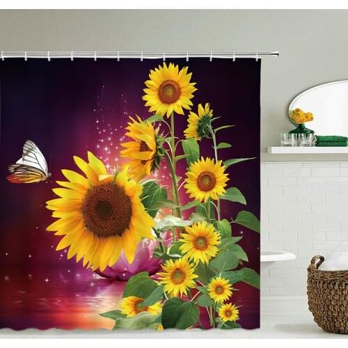 Fresh Flowers Butterfly Shower Curtains Bathroom Curtain Frabic Waterproof Polyester Decoration Bath Curtains with Hooks