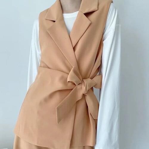 Two Pieces Set Office Lady Vest Blazer Suit Women Belt Waistcoat Trousers Suit Wide Leg Pants Sleeveless Blazer Korean