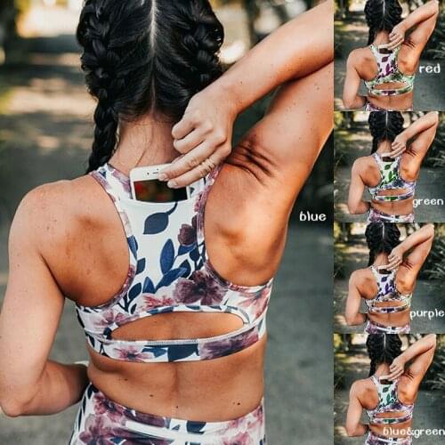 Women Floral Print Gym Running Sport Bra with Phone Pocket Workout Jogging Push Up Yoga Bra Vest 5 Colors