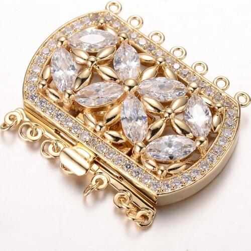 2Sets Brass Cubic Zirconia Box Clasps, Cadmium Free & Nickel Free & Lead Free, Rectangle,3 Color, 34x43x9mm, Hole: 1.5 & 2.5mm