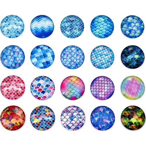 20pcs Glass Cabochons Fish Scale Owl Pattern 12/20/25mm Colorful Flat Back Cabochon For Base Settings DIY Jewelry Making