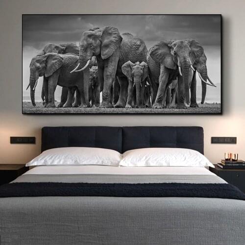 African Wild Elephants Family Canvas Art Posters And Prints Black And White Animals Art Canvas Painting on the Wall Art Pictures