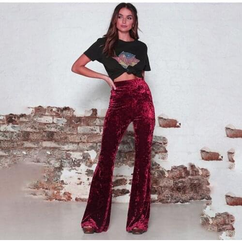 Gold Velve Flared Pants High Waist Vintage Slim Long Pant 2021 Autumn Fasion Casual Elastic Solid Women Wide Leg Trousers