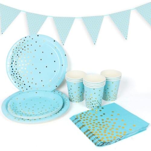 Baby Blue Gold Dot Tableware Kids Favors Boys Birthday Party Disposable Dinnerware Paper Cup Plate Decor Blue Tablecloth