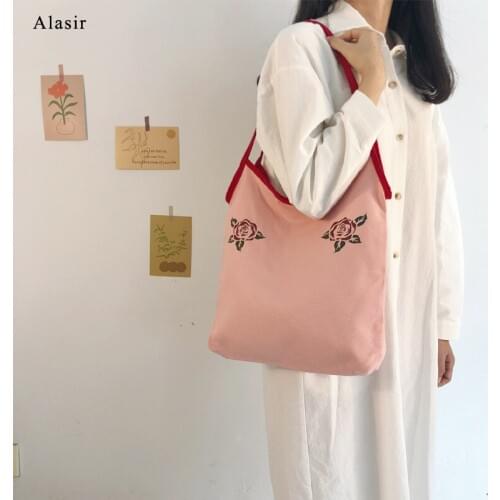Alasir Canvas Bag Retro French Style Vest Bags Artsy Pink Romantic Rose Women Shoulder Bags Large Casual Tote Bags Handbags