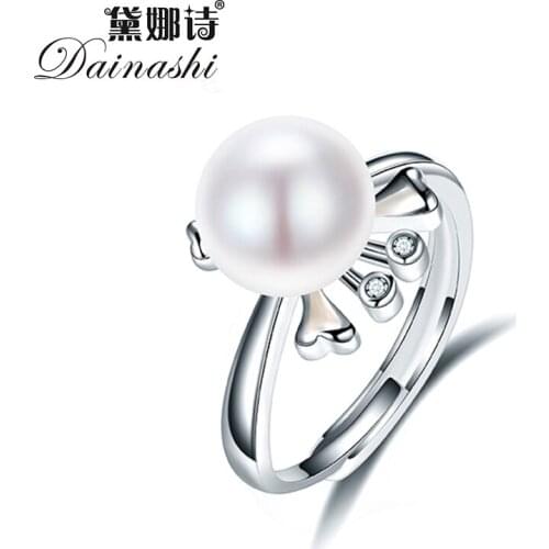 Dainashi 925 Sterling Silver Frog Eye Zircon Crystal Adjustable Ring Elegant 100% Genuine Freshwater Cultured Pearl Ring Gift