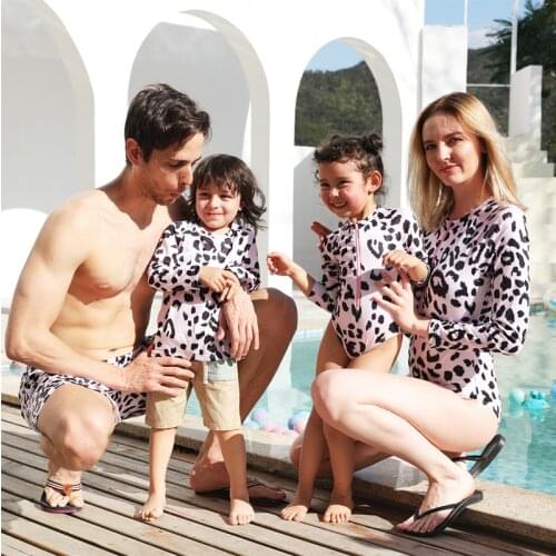 Leopard Print Summer Holiday Long Sleeve Family Swimwear Children One Piece Swimsuit Baby Boys Beach Shorts And Swimming Trunks