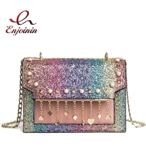 Sequins Gradient Colors Metal Tassels Fashion Female Purses and Handbags Shoulder Bag Crossbody Chain Bag for Women Clutch Bag